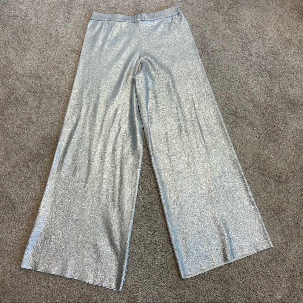 ZARA KNIT METALLIC FOIL SILVER WIDE LEG TROUSERS PANTS BNWT Sz M Bloggers Fave - Picture 8 of 17